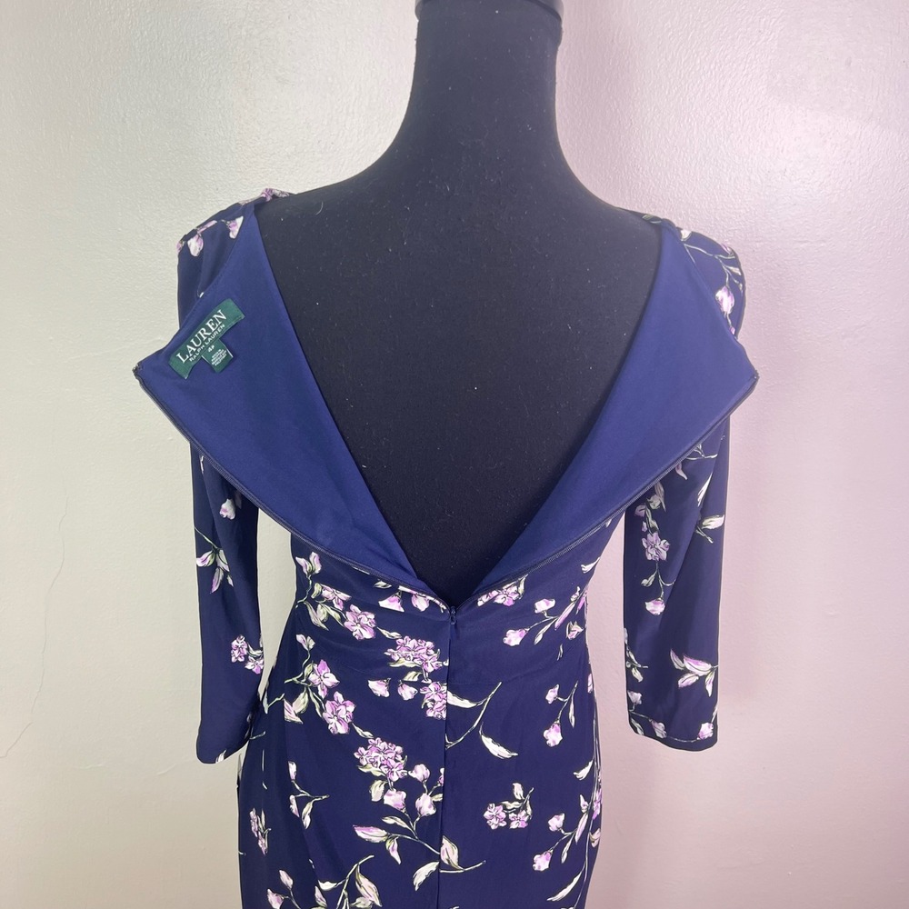 NWT-$125 Lauren Ralph Lauren Floral Sheath Dress 4P Navy Boat Neck 3/4 Sleeve - Picture 5 of 12